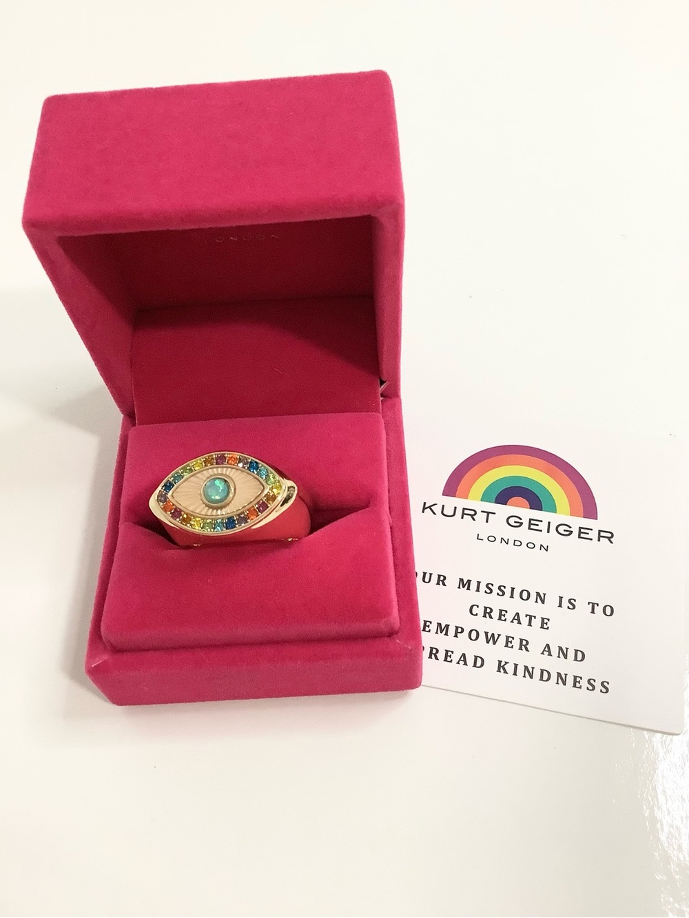 NEW Kurt Geiger London Gold tone Rainbow Multicolor Crystal Eye Ring Sz. 8 - Picture 2 of 10